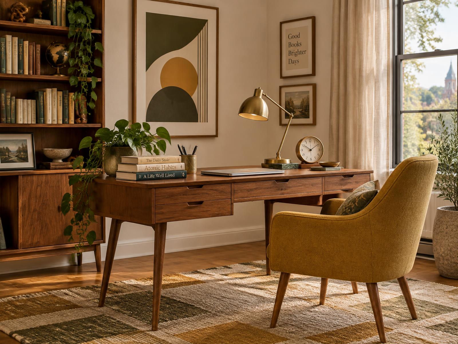 A warm mid-century modern study space with a walnut desk, brass lamp, books, and a mustard chair